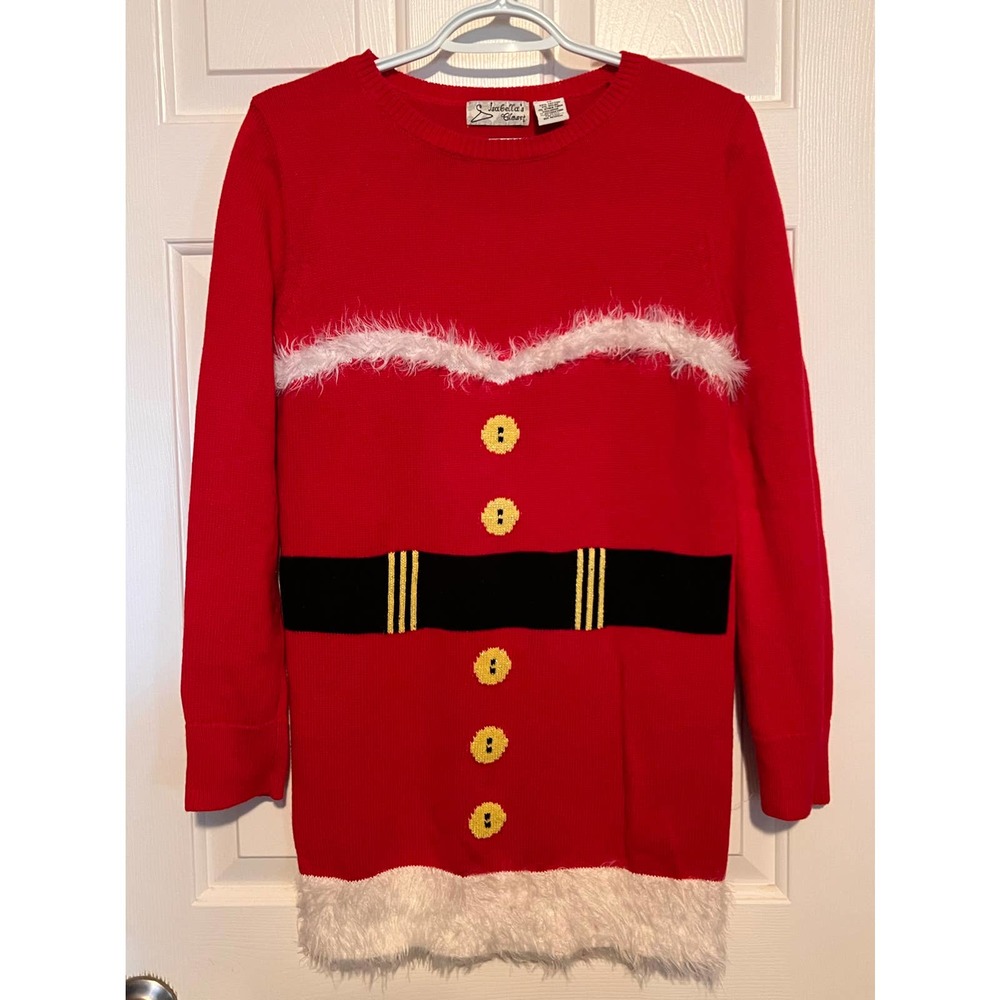 Isabella’s Closet Women's Red White Black Belt Mrs. Santa Sweater Size M